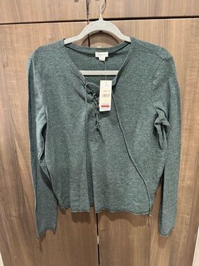 Chelsea Sky Lace-Up Long Sleeve Top in Teal Green